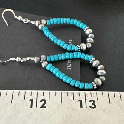 Navajo Teal Blue Turquoise 4mm Bead Earrings | Sterling Silver Pearls | 2" | Authentic Native American Handmade | 16823