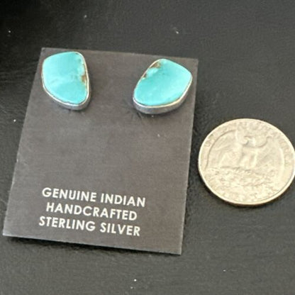 Navajo Blue Kingman Turquoise Post Stud Earrings | Sterling Silver | Authentic Native American Handmade | 17468