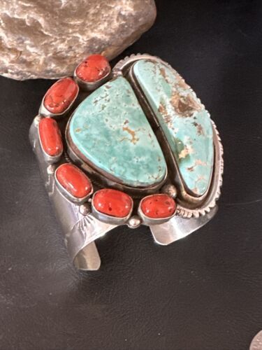 Navajo Green Royston Turquoise Coral Cuff Bracelet | Sterling Silver | Authentic Native American Handmade | 15309