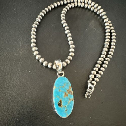 Navajo Blue Kingman Turquoise Pendant with Pearls | Sterling Silver Necklace | 20" | 16994