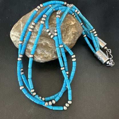 Navajo Blue Turquoise Tube Necklace | Sterling Silver | 22" | Authentic Native American Handmade | 17553