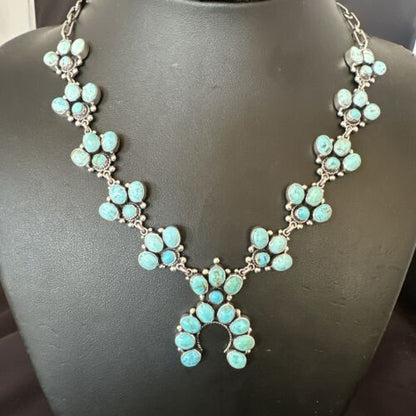 Navajo Blue Kingman Turquoise Squash Blossom Necklace | Sterling Silver | Authentic Native American Handmade | 16829