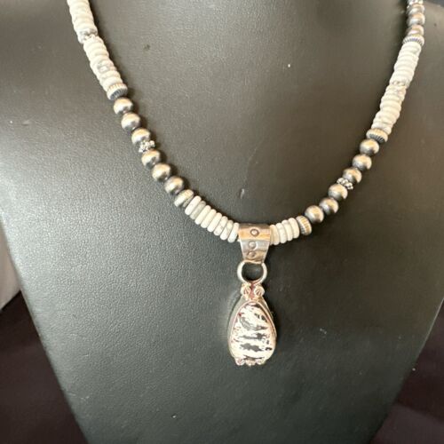 Navajo White Buffalo Turquoise Pendant Necklace | Sterling Silver | Authentic Native American Handmade | 17349