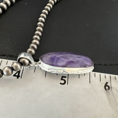Navajo Purple Charoite Pendant with Pearls | Sterling Silver Necklace | Authentic Native American Handmade | 17313