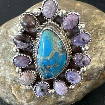 Navajo Cluster Blue Kingman Turquoise Charoite Ring | Authentic Native American Sterling Silver | Multi-Stone | Sz 9 | 17179