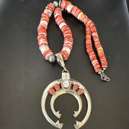 Navajo White Buffalo Spiny Oyster Naja Pendant Necklace | Sterling Silver | 25" | Authentic Native American Handmade | 17421