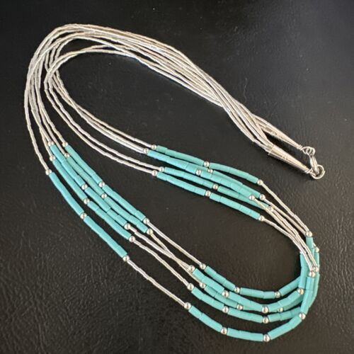 Turquoise 5-Strand Heishi Necklace | Liquid Sterling Silver | Authentic Native American Handmade | 15046