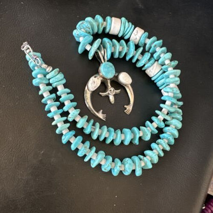 Navajo White Buffalo Blue Turquoise Naja Pendant | Sterling Silver Necklace | Authentic Native American Handmade | 15026