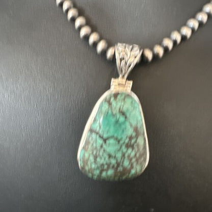 Navajo Blue Spiderweb Turquoise Pendant Necklace | Sterling Silver Pearls | Authentic Native American Handmade | 15571