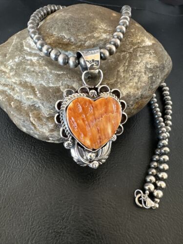 Navajo Orange Spiny Oyster Heart Pendant Necklace | Sterling Silver | Authentic Native American Handmade | 16419