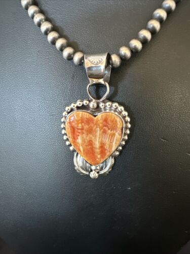 Navajo Orange Spiny Oyster Heart Pendant Necklace | Sterling Silver | Authentic Native American Handmade | 16421