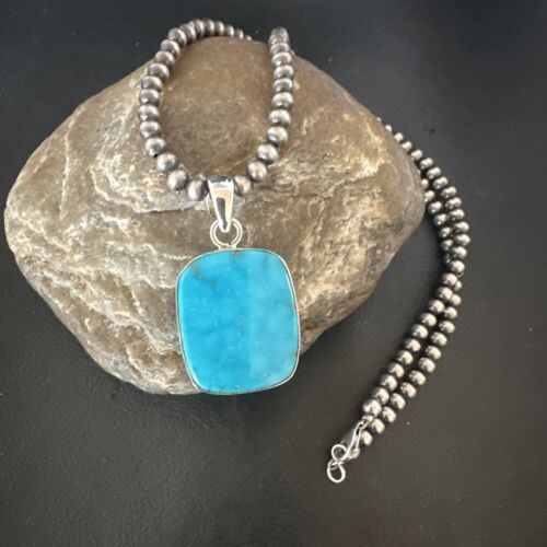 Blue Kingman Turquoise Pendant | Navajo Pearls | Sterling Silver Necklace 20" | 16697