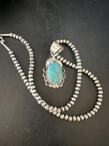 Navajo Pearls Blue Turquoise Necklace Pendant | Sterling Silver | Authentic Native American Handmade | 14881