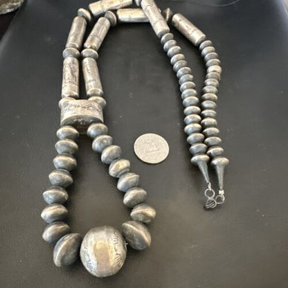 Navajo Stamped Bench Bead Necklace | Sterling Silver | 30" | Authentic Native American Handmade | 16727