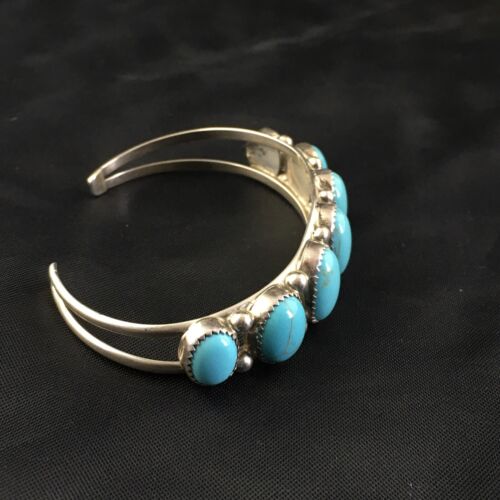 Navajo Sterling Silver Bracelet | Kingman Turquoise | Multi-Stone 7-Stone | Authentic Native American Handmade