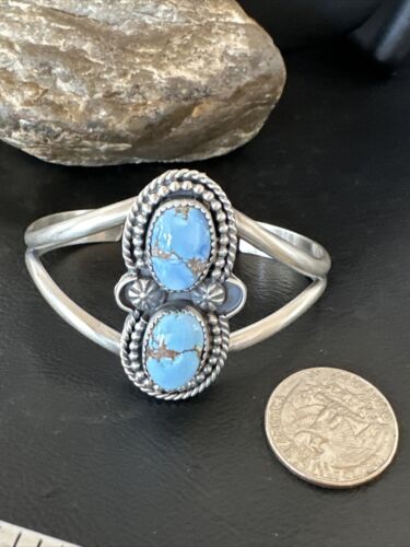 Navajo Blue Golden Hills Turquoise Cuff Bracelet | Sterling Silver | Authentic Native American Handmade | 16429