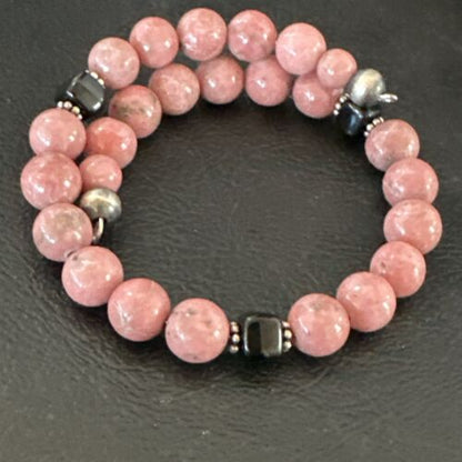 Navajo Pink Rhodochrosite Memory Wire Bracelet | Stainless Steel | Authentic Native American Handmade | 17623