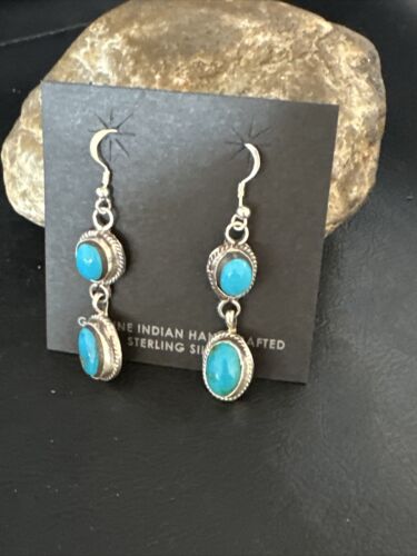 Kingman Turquoise Dangle Earrings | Navajo Sterling Silver | Authentic Native American Handmade | 14863