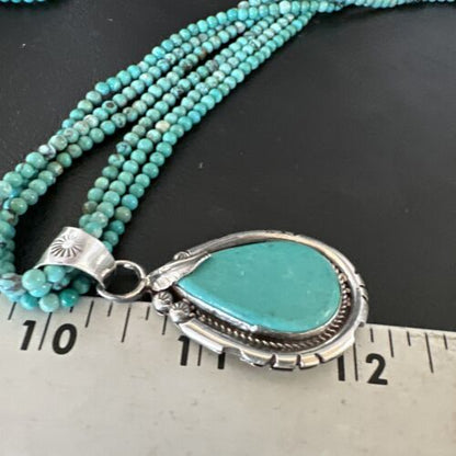 Navajo Blue Turquoise Pendant | Sterling Silver 3-Strand Bead Necklace | 17" | Authentic Native American Handmade | 15998