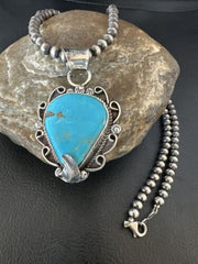 Navajo Blue Turquoise Pendant Necklace | Sterling Silver Pearls | Authentic Native American Handmade | 15638