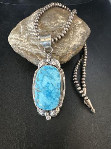 Navajo Blue Kingman Turquoise Pendant Necklace | Sterling Silver | Authentic Native American Handmade | 14861