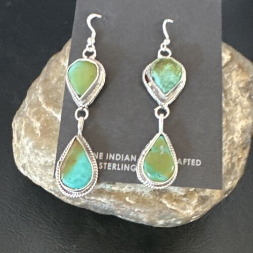 Navajo Green Royston Turquoise Dangle Earrings | Sterling Silver | Authentic Native American Handmade | 16491