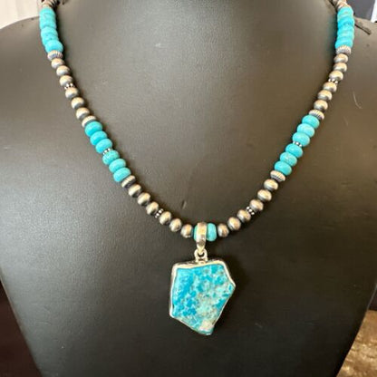 Men's Kingman Turquoise Pendant | Navajo Pearls Sterling Silver Necklace | Authentic Native American Handmade | 17212