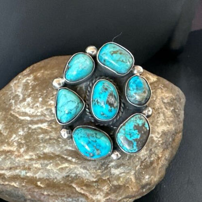 Navajo Blue Kingman Turquoise Cluster Ring | Authentic Native American Sterling Silver | Multi-Stone | Sz 10 | 17644