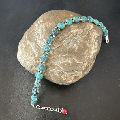 Southwestern Blue Turquoise Bead Link Bracelet | Sterling Silver | 8" | 17231