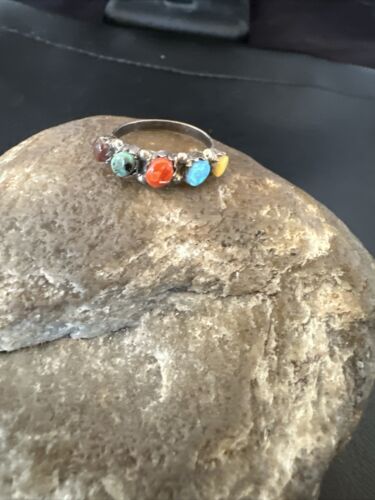 Zuni Multi-Stone Opal, Coral, Turquoise Ring | Authentic Native American Sterling Silver | Multi-Stone | Sz 6 | 16897