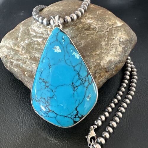 Men's Navajo Blue Spiderweb Turquoise Pendant Necklace | Sterling Silver | Authentic Native American Handmade | 16207