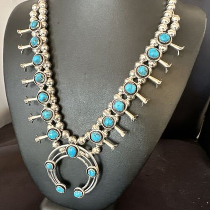 Navajo Kingman Turquoise Shadowbox Squash Blossom Necklace | Sterling Silver | Authentic Native American Handmade | 16091