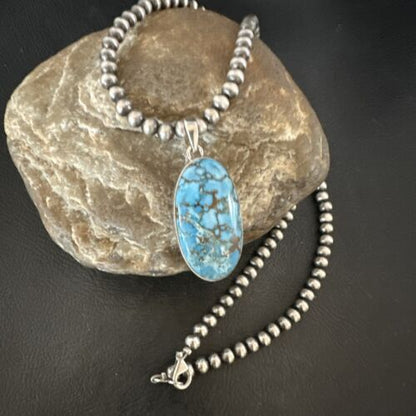 Navajo Blue Spiderweb Turquoise Pendant Necklace | Sterling Silver | Authentic Native American Handmade | 17028