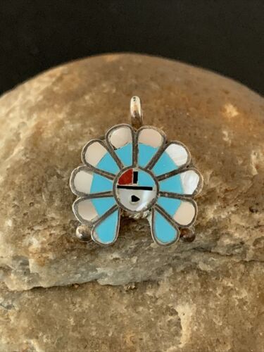 Zuni Sunface Pin Pendant | Turquoise, Mother of Pearl, Spiny Oyster | Sterling Silver | Native American Handmade | 01180