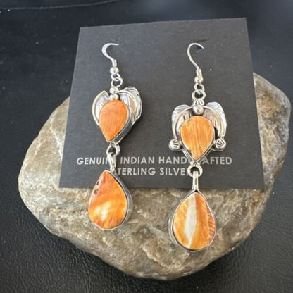Navajo Orange Spiny Oyster Dangle Earrings | Sterling Silver | 1.5" | Authentic Native American Handmade | 16569