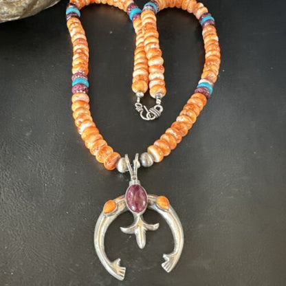 Navajo Orange Purple Spiny Oyster Naja Pendant Necklace | Sterling Silver | Authentic Native American Handmade | 15261