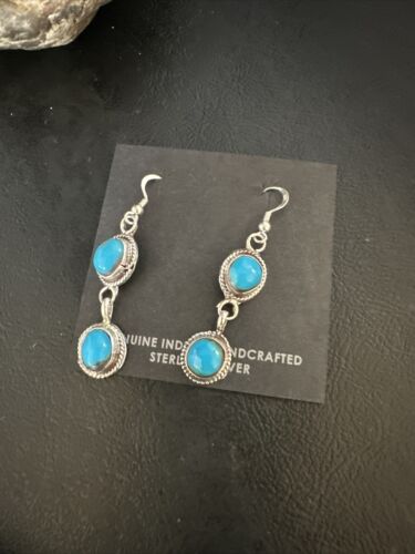 Kingman Turquoise Dangle Earrings | Navajo Sterling Silver | Authentic Native American Handmade | 14869