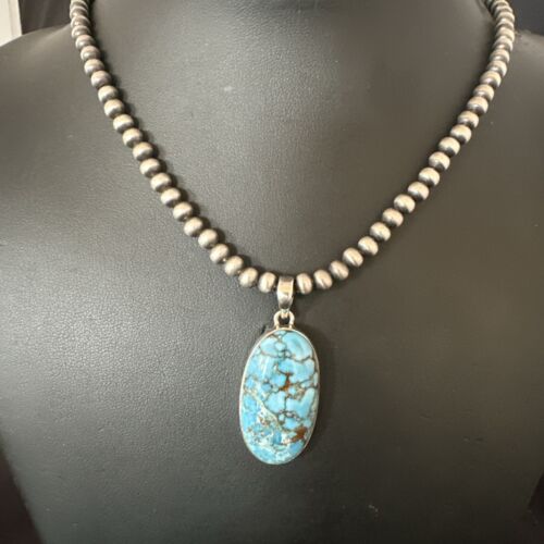 Navajo Blue Spiderweb Turquoise Pendant Necklace | Sterling Silver | Authentic Native American Handmade | 17028