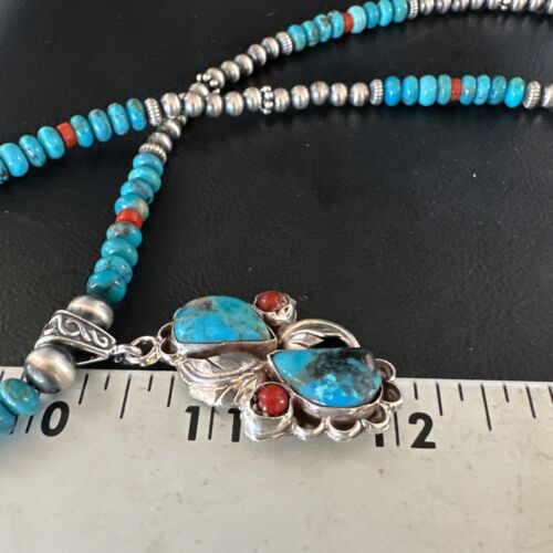 Navajo Blue Turquoise Coral Pendant Necklace | Sterling Silver | Multi-Stone | Authentic Native American Handmade | 15257