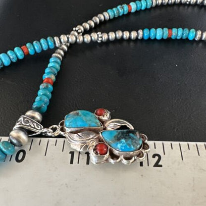 Navajo Blue Turquoise Coral Pendant Necklace | Sterling Silver | Multi-Stone | Authentic Native American Handmade | 15257