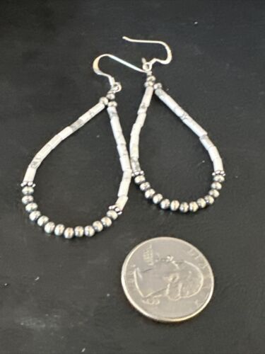 Navajo White Howlite Heishi Dangle Earrings | Sterling Silver | 2" | Authentic Native American Handmade | 15348
