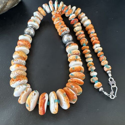 Navajo Blue Turquoise & Spiny Oyster Graduated Necklace | Sterling Silver | Authentic Native American | 24" | 16263 - Masha USA