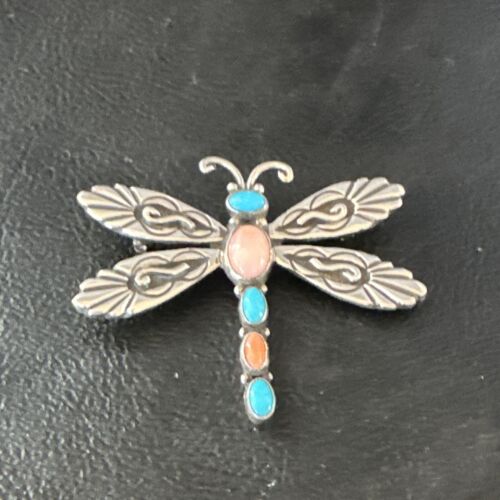 Navajo Dragonfly Pin Pendant | Blue Turquoise & Coral | Sterling Silver | Authentic Native American Handmade | 15236