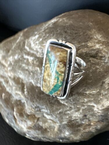 Navajo Ribbon Boulder Green Turquoise Ring | Sterling Silver | Sz 8 | Authentic Native American Handmade | 16385