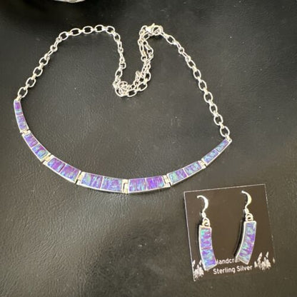 Navajo Purple Opal Inlay Choker Necklace & Earrings Set | Sterling Silver | Authentic Native American Handmade | 16260