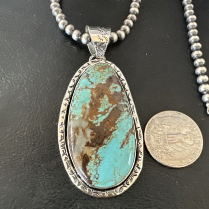 Navajo Blue Turquoise #8 Pendant Necklace | Sterling Silver Pearls | Authentic Native American Handmade | 16346