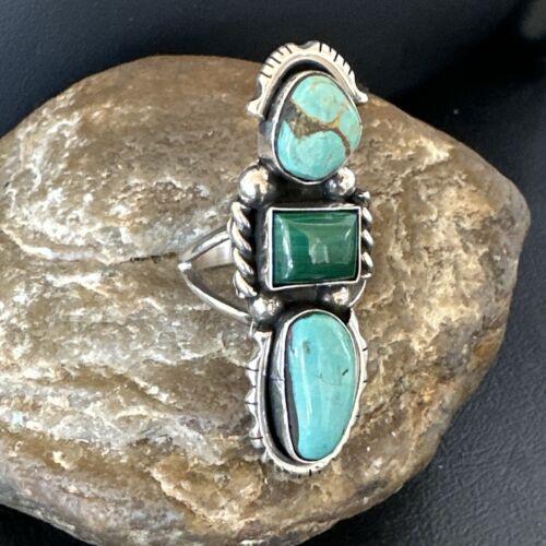 Navajo Blue Turquoise Malachite Cluster Ring | Authentic Native American Sterling Silver | Multi-Stone | Sz 10 | 17643