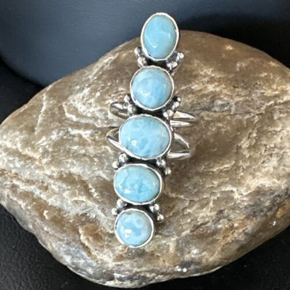 Navajo Blue Larimar Cluster Ring | Authentic Native American Sterling Silver | Multi-Stone | Sz 8 | 15932