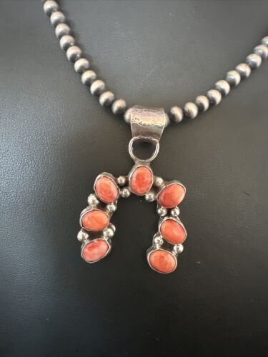 Navajo Red Spiny Oyster Naja Pendant Necklace | Sterling Silver | 20" | Authentic Native American Handmade | 15760