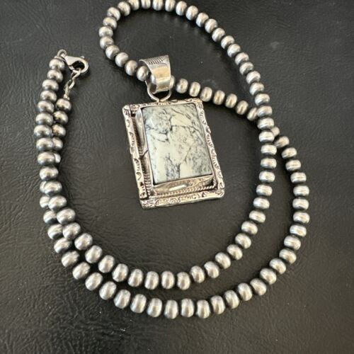 White Buffalo Turquoise Pendant | Navajo Pearls Sterling Silver Necklace | Authentic Native American Handmade | 17103